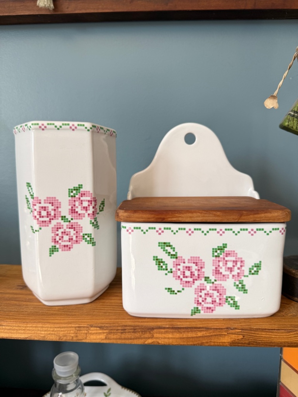 White Floral Ceramic Canister Set with Wood Lid - White Pink Green